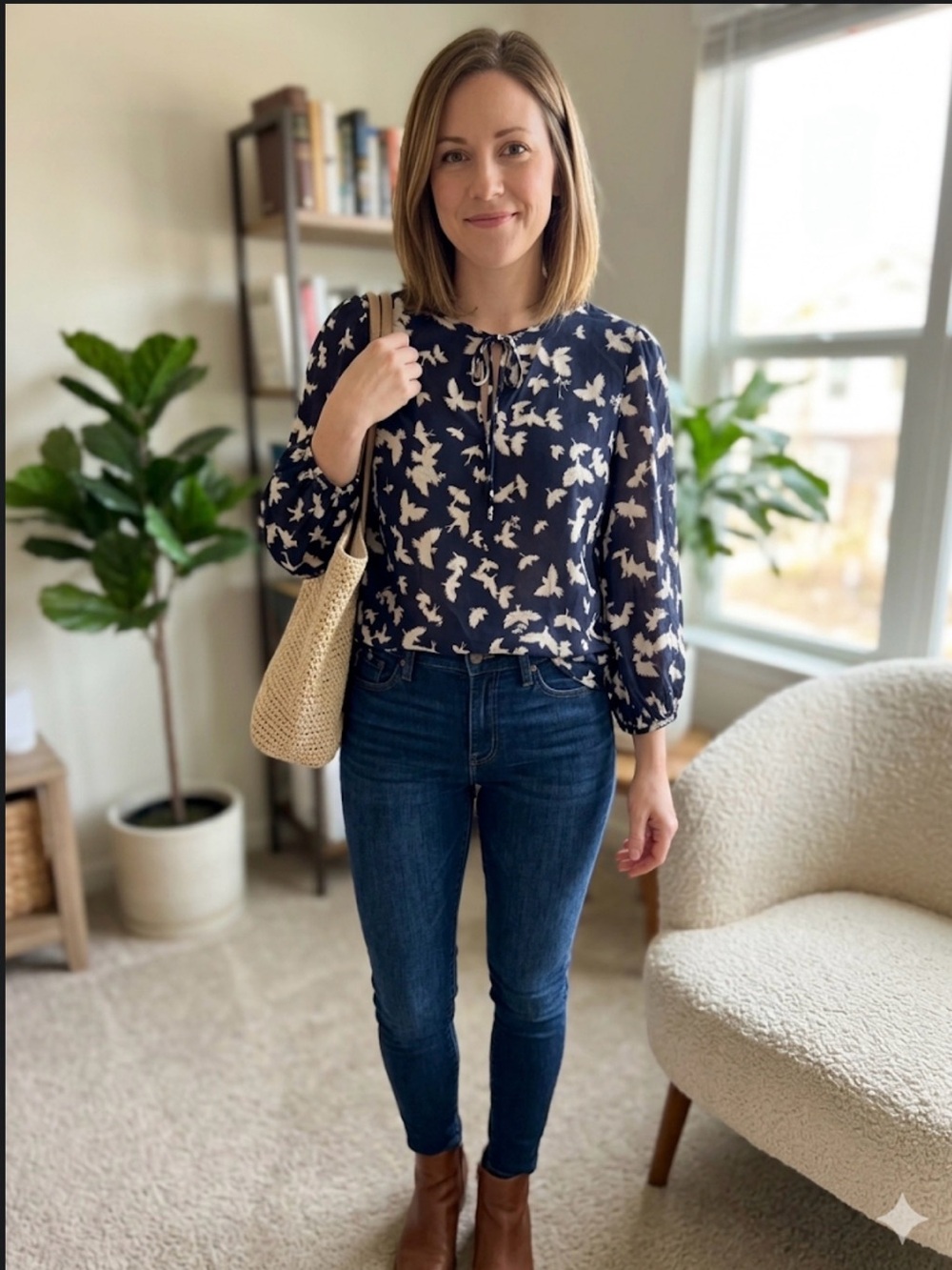 Maeve Navy and Cream Floral Tie-Neck Blouse